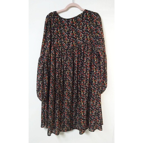 Gabrielle WM 44 (US XL 16) Black Floral Trapeze Dress Drop Bishop Sleeve V-Neck - Picture 4 of 6